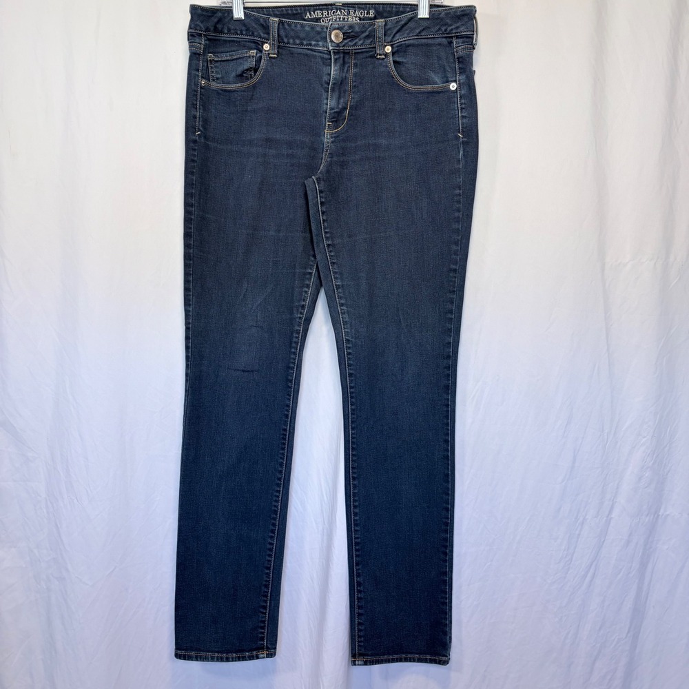 American Eagle Skinny Jeans Blue Dark‎ Wash Stretch 14 Long